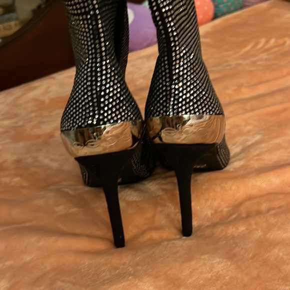 BEBE slouchy bedazzled boots black silver knee high - Picture 2 of 4